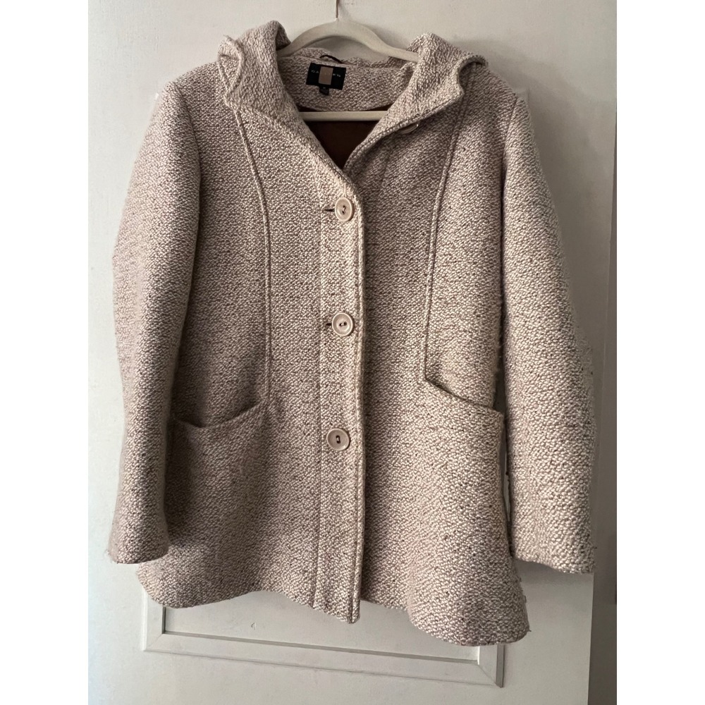 Gallery Women Beige Wool Blend Bouclé Hooded Pea Coat Jacket Medium 42x31